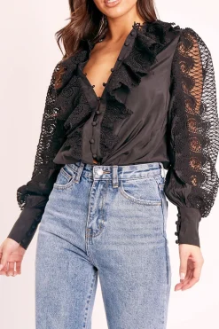Rebellious Fashion Black Lace Frill Covered Button Up Shirt - Priscila