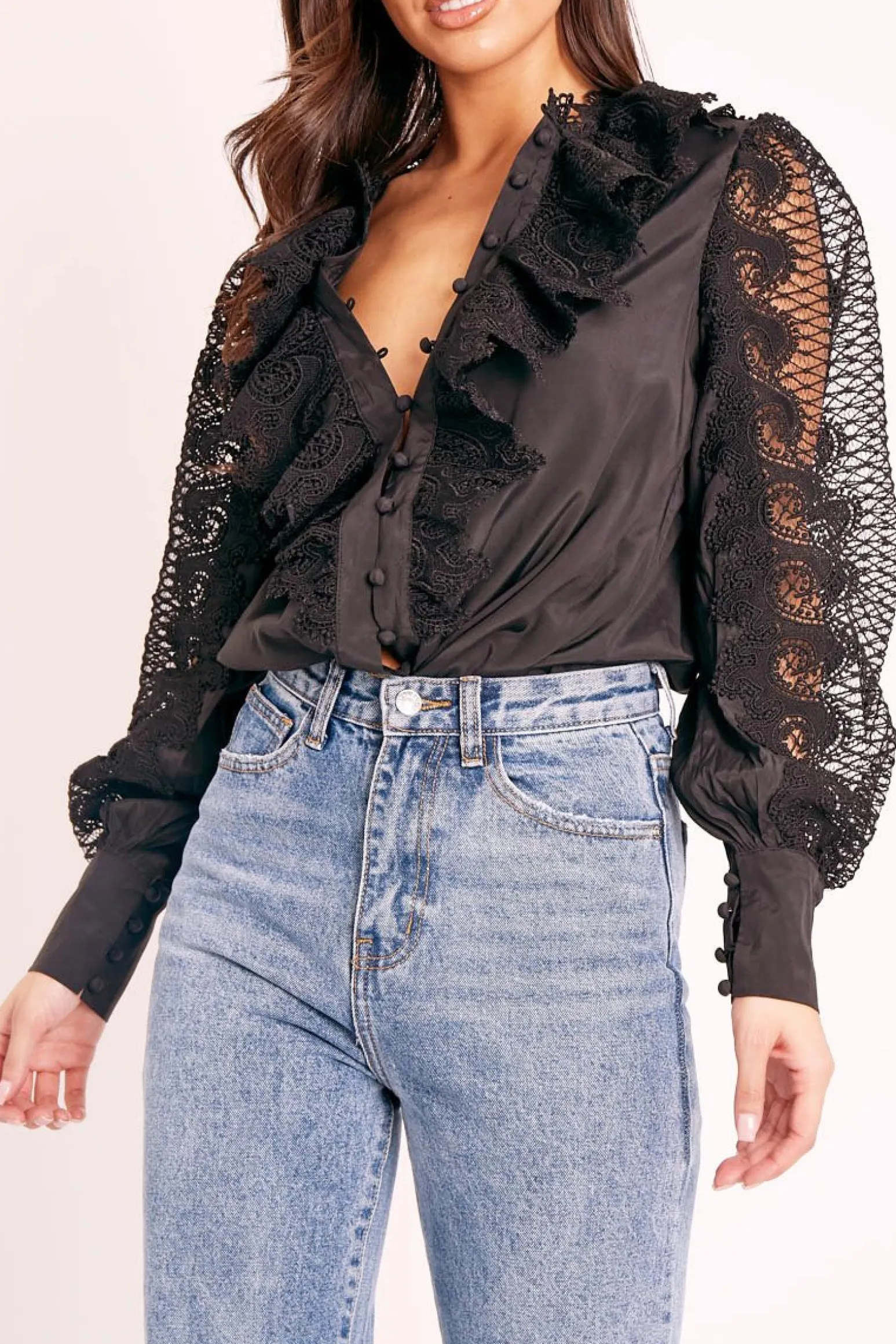 Rebellious Fashion Black Lace Frill Covered Button Up Shirt - Priscila