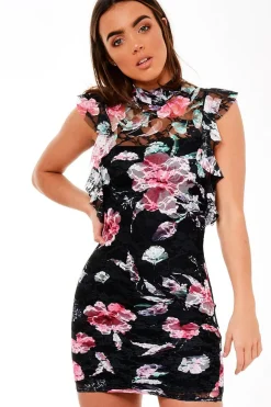 Rebellious Fashion Black Lace Frill Floral Dress - Karissa