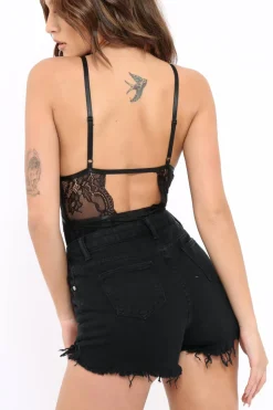 Rebellious Fashion Black Lace Harness Bodysuit - Kreena