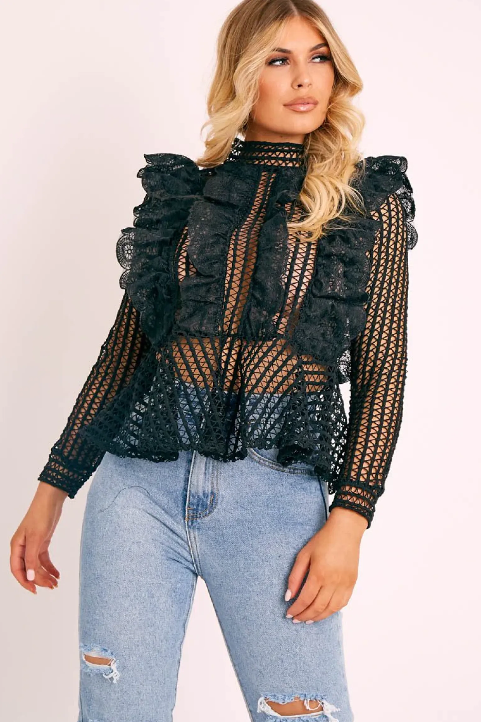 Rebellious Fashion Black Lace High Neck Zip Back Blouse - Abree