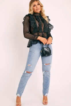 Rebellious Fashion Black Lace High Neck Zip Back Blouse - Abree