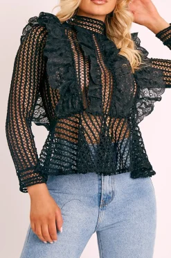 Rebellious Fashion Black Lace High Neck Zip Back Blouse - Abree