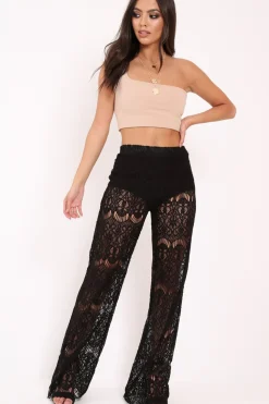 Rebellious Fashion Black Lace High Waist Wide Leg Trousers - Adaline