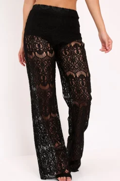 Rebellious Fashion Black Lace High Waist Wide Leg Trousers - Adaline