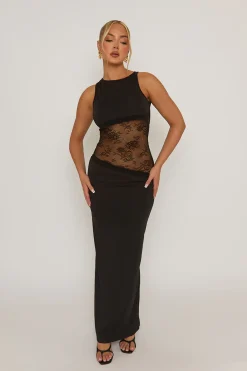 Rebellious Fashion Black Lace Insert Cut Out Back Maxi Dress - Mirabella