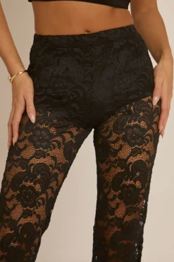 Rebellious Fashion Black Lace Kick Flare Trousers - Antonella
