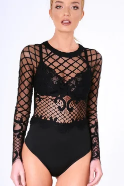 Rebellious Fashion Black Lace Long Sleeve Bodysuit - Kirsty