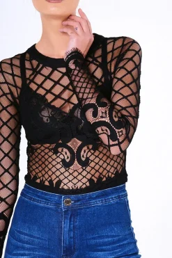 Rebellious Fashion Black Lace Long Sleeve Bodysuit - Kirsty