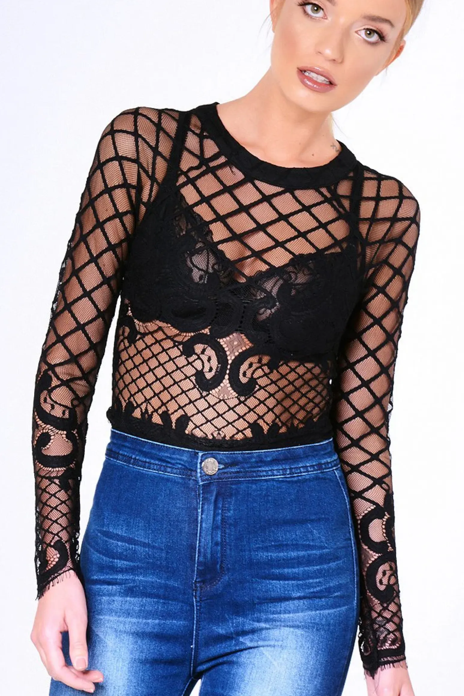 Rebellious Fashion Black Lace Long Sleeve Bodysuit - Kirsty