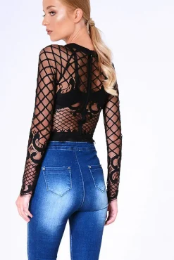 Rebellious Fashion Black Lace Long Sleeve Bodysuit - Kirsty