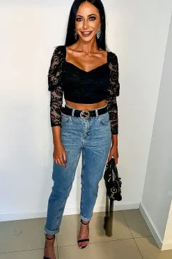 Rebellious Fashion Black Lace Long Sleeve Puff Sleeve Crop Top - Gwynn
