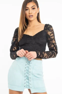 Rebellious Fashion Black Lace Long Sleeve Puff Sleeve Crop Top - Gwynn