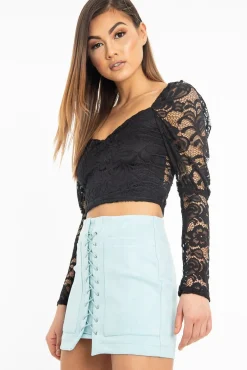Rebellious Fashion Black Lace Long Sleeve Puff Sleeve Crop Top - Gwynn