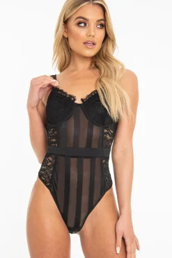 Rebellious Fashion Black Lace Mesh Stripe Cup Detail Bodysuit - India