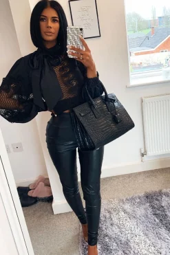 Rebellious Fashion Black Lace Panel Neck Tie Blouse - Ophia