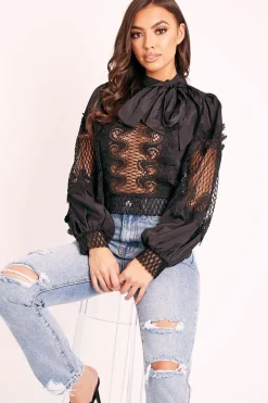 Rebellious Fashion Black Lace Panel Neck Tie Blouse - Ophia