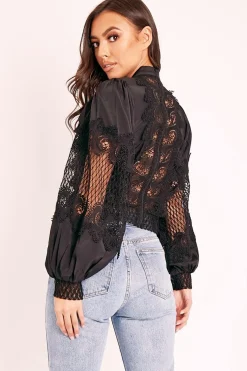 Rebellious Fashion Black Lace Panel Neck Tie Blouse - Ophia