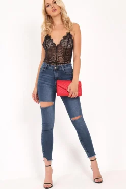 Rebellious Fashion Black Lace Plunge Bodysuit - Paola
