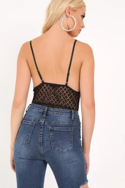 Rebellious Fashion Black Lace Plunge Bodysuit - Paola
