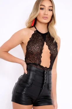Rebellious Fashion Black Lace Plunge Front Halterneck Sheer Bodysuit - Daylah