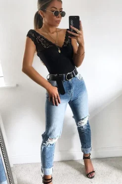 Rebellious Fashion Black Lace Plunge Front Padded Bodysuit - Kaarla