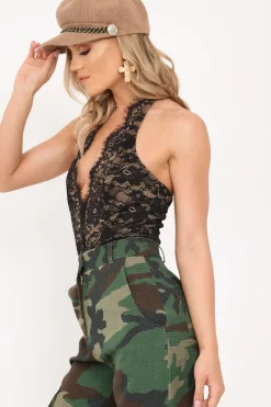 Rebellious Fashion Black Lace Plunge Halterneck Bodysuit - Fayette