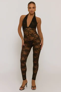Rebellious Fashion Black Lace Plunge Jumpsuit - Roberta