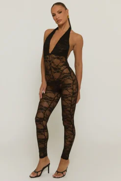 Rebellious Fashion Black Lace Plunge Jumpsuit - Roberta