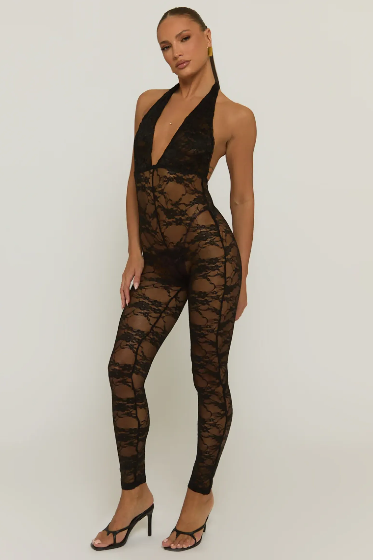 Rebellious Fashion Black Lace Plunge Jumpsuit - Roberta