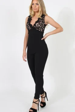 Rebellious Fashion Black Lace Plunge Jumpsuit - Stella