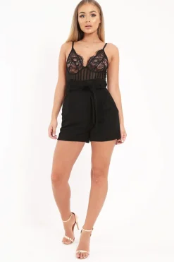 Rebellious Fashion Black Lace Plunge Stripe Bodysuit - Paislea