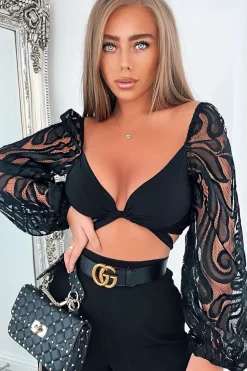 Rebellious Fashion Black Lace Puff Sleeve Tie Front Crop Blouse - Nishka