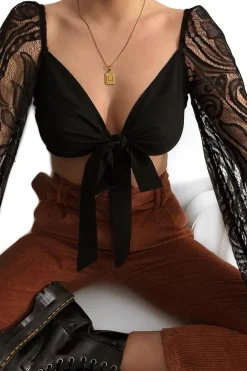 Rebellious Fashion Black Lace Puff Sleeve Tie Front Crop Blouse - Nishka