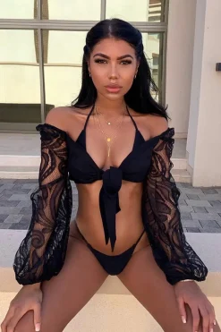 Rebellious Fashion Black Lace Puff Sleeve Tie Front Crop Blouse - Nishka
