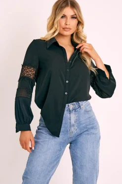 Rebellious Fashion Black Lace Sleeve Button Up Shirt - Eislee