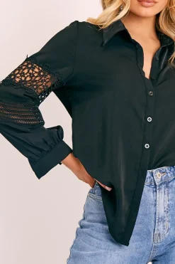 Rebellious Fashion Black Lace Sleeve Button Up Shirt - Eislee
