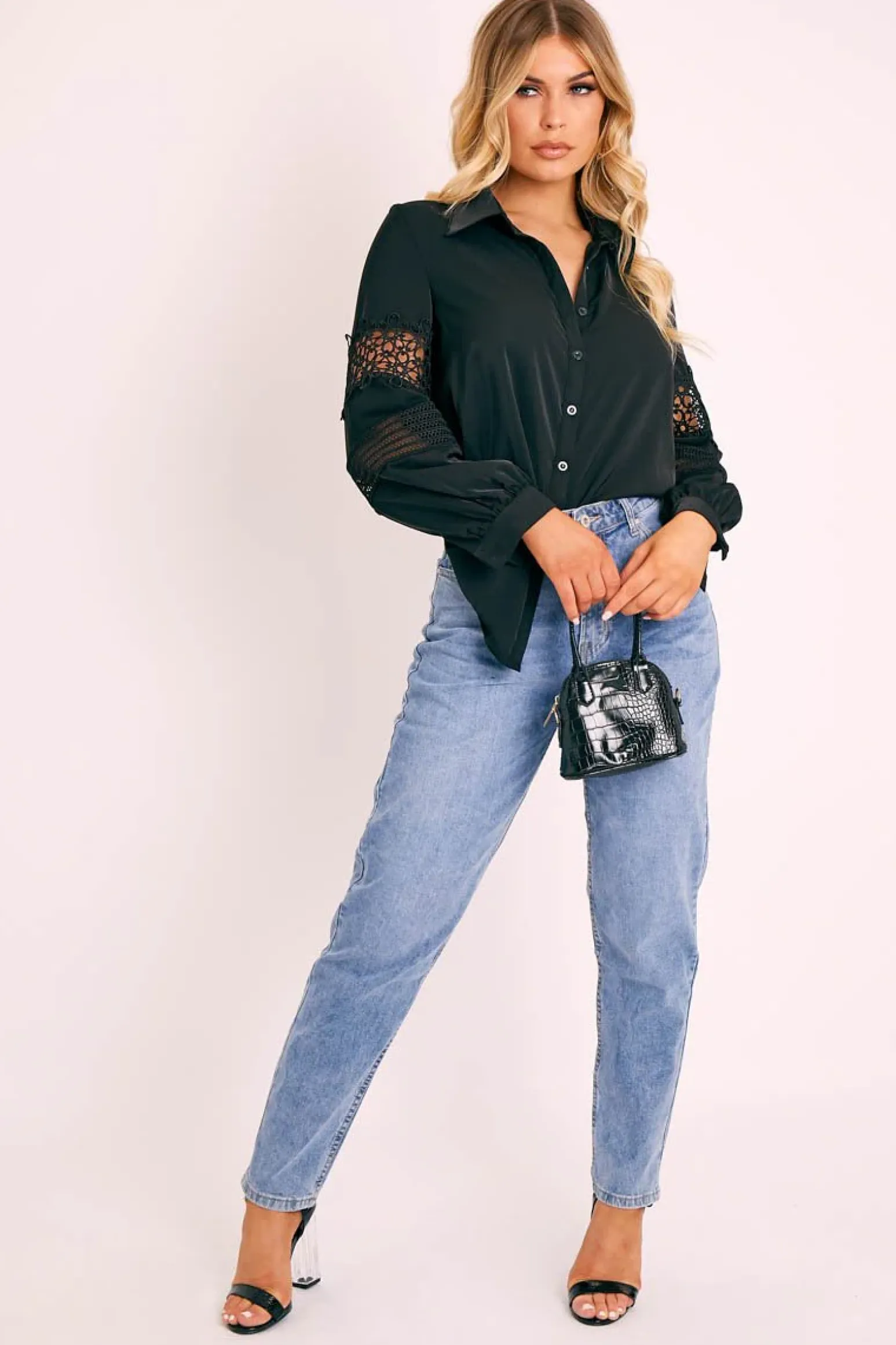 Rebellious Fashion Black Lace Sleeve Button Up Shirt - Eislee