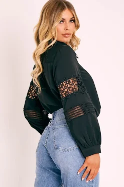 Rebellious Fashion Black Lace Sleeve Button Up Shirt - Eislee