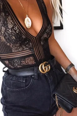Rebellious Fashion Black Lace Sleeveless Open Back Bodysuit - Molina