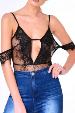 Rebellious Fashion Black Lace Strappy Bardot Strap Bodysuit - Reanne
