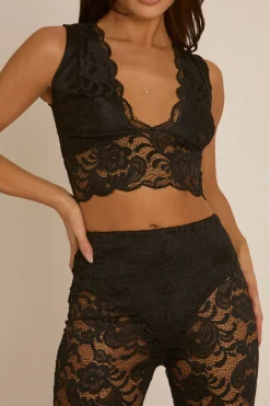 Rebellious Fashion Black Lace Top and Kick flare Trouser Co-Ord Set - Uma