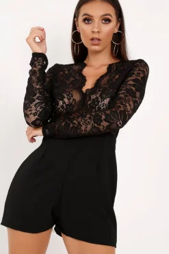 Rebellious Fashion Black Lace Top Plunge Playsuit - Nicha