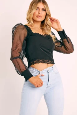 Rebellious Fashion Black Lace Trim Puff Sleeve Crop Top - Bethan