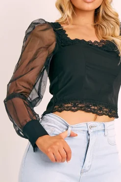 Rebellious Fashion Black Lace Trim Puff Sleeve Crop Top - Bethan