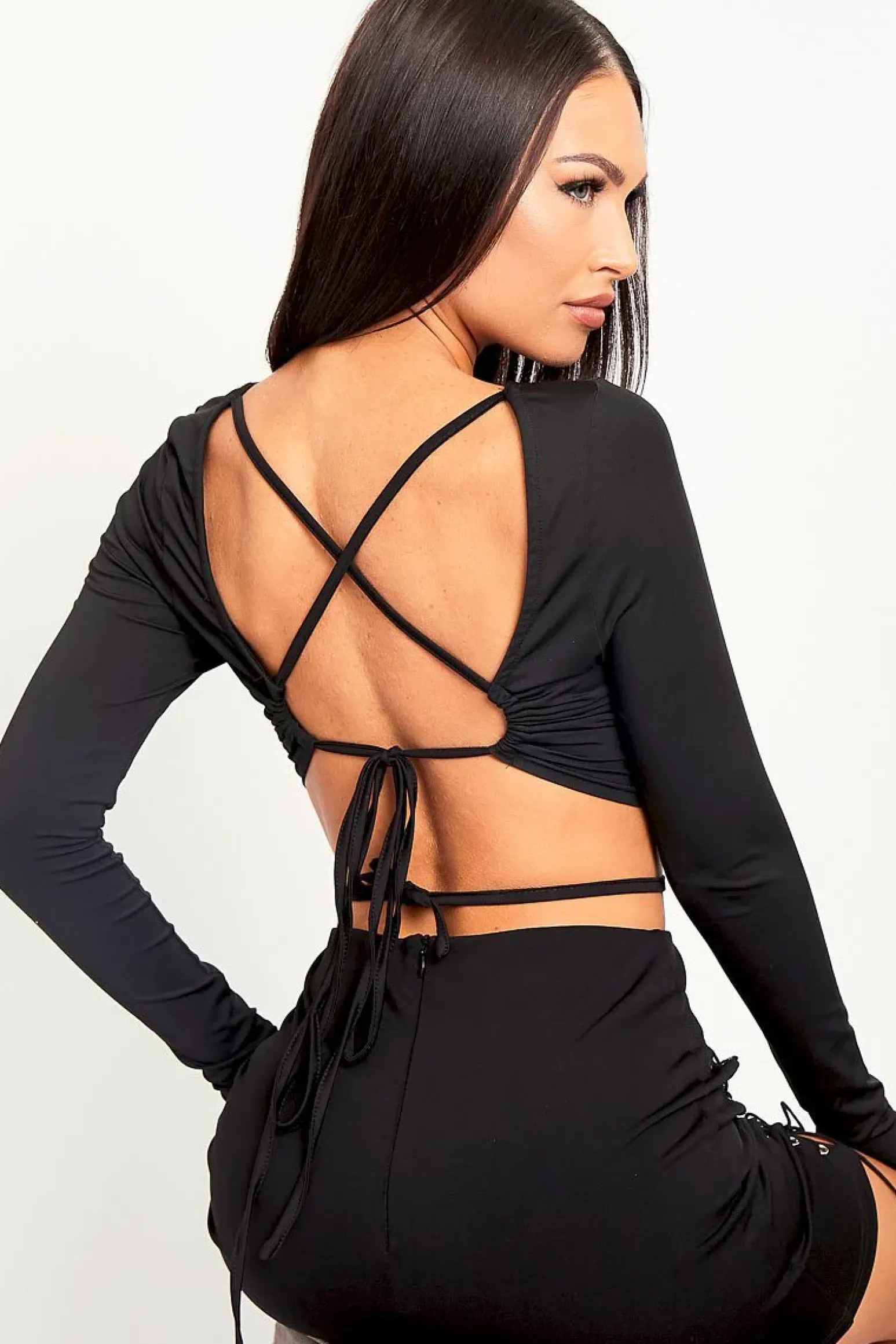 Rebellious Fashion Black Lace Up Back Long Sleeve Crop Top - Malaina