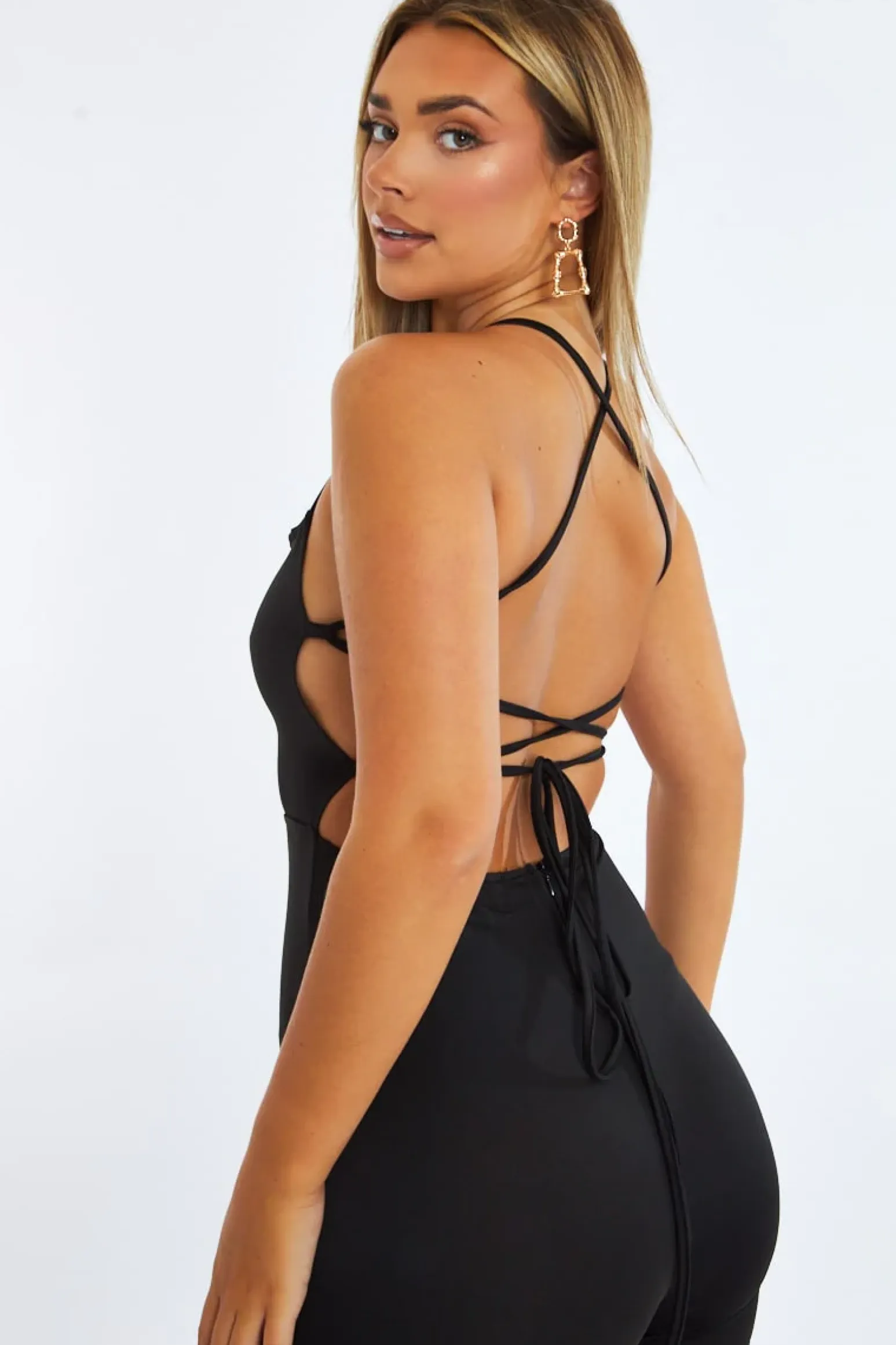 Rebellious Fashion Black Lace Up Back Wide Leg Jumpsuit - Lyric