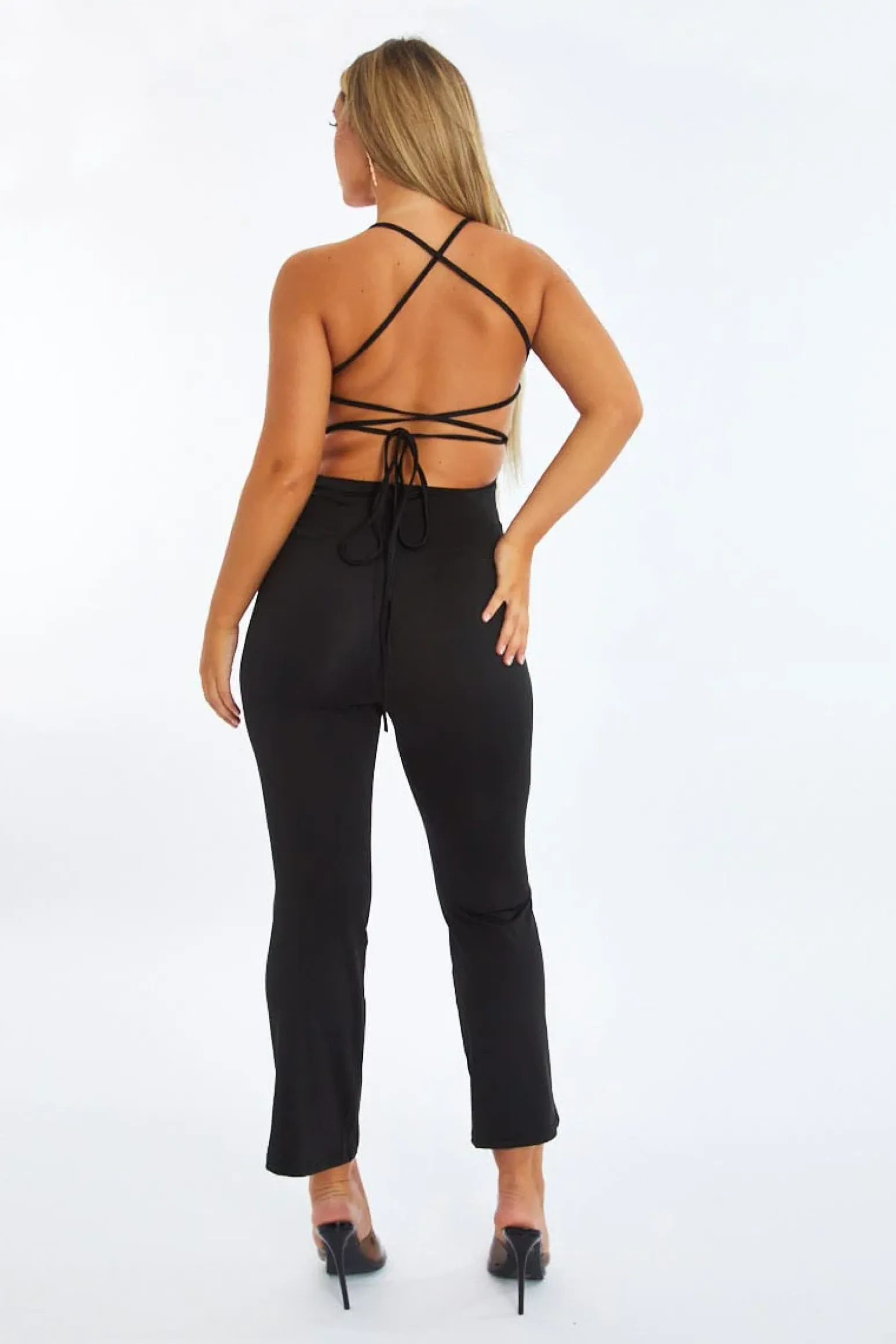 Rebellious Fashion Black Lace Up Back Wide Leg Jumpsuit - Lyric