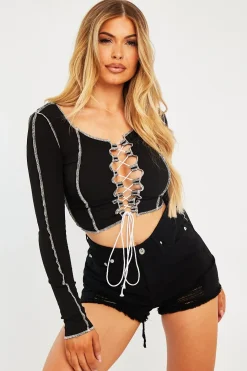 Rebellious Fashion Black Lace Up Contrast Stich Long Sleeve Crop Top - Mitzi