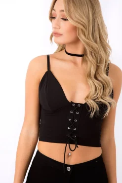 Rebellious Fashion Black Lace Up Crop Top - Cindi